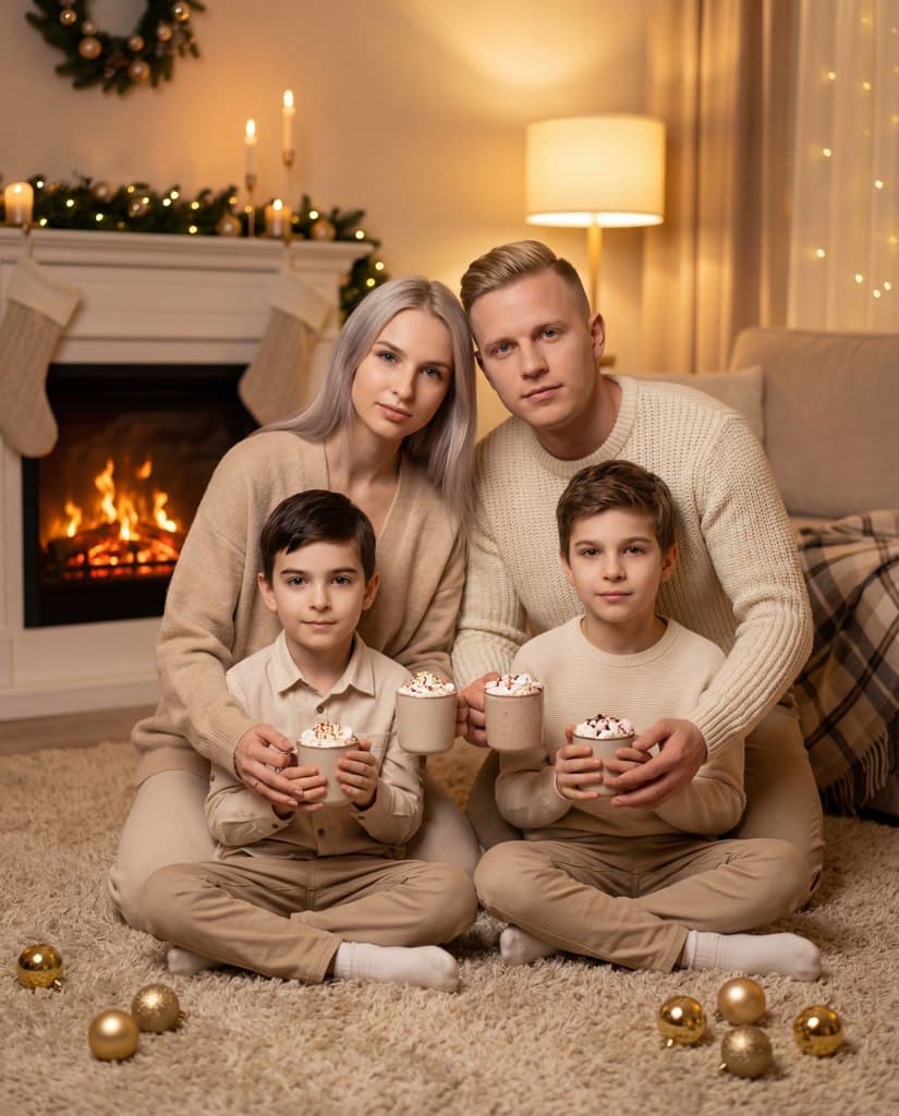 Фотосессия у камина с уютом, какао и рождественскими декорациями