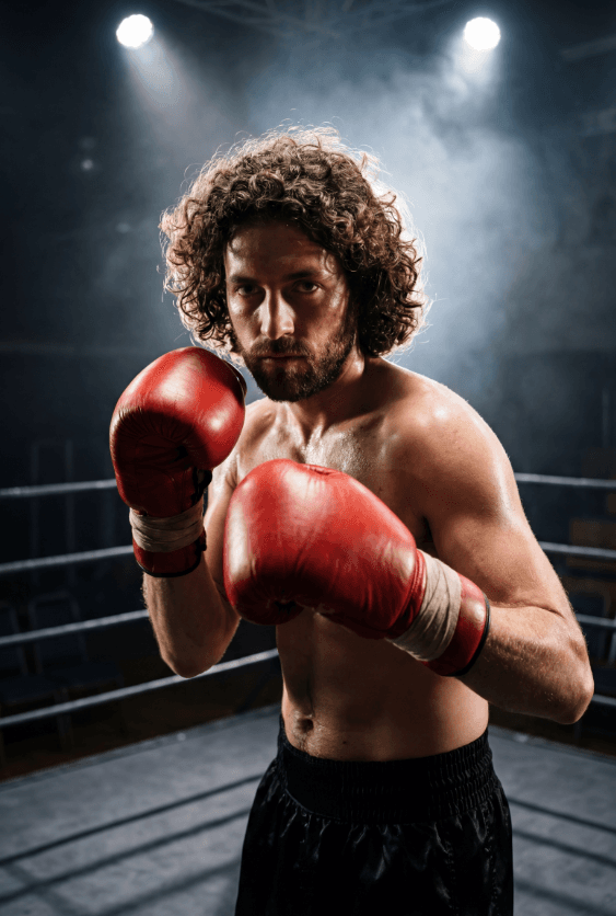 Боксер с красными перчатками в стойке боя на ринге.