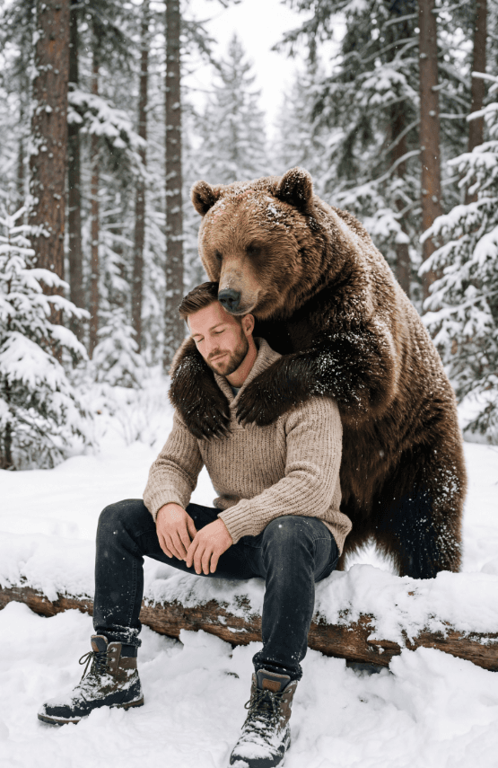 Медведь обнимает мужчину в вязаном свитере в снежном лесу