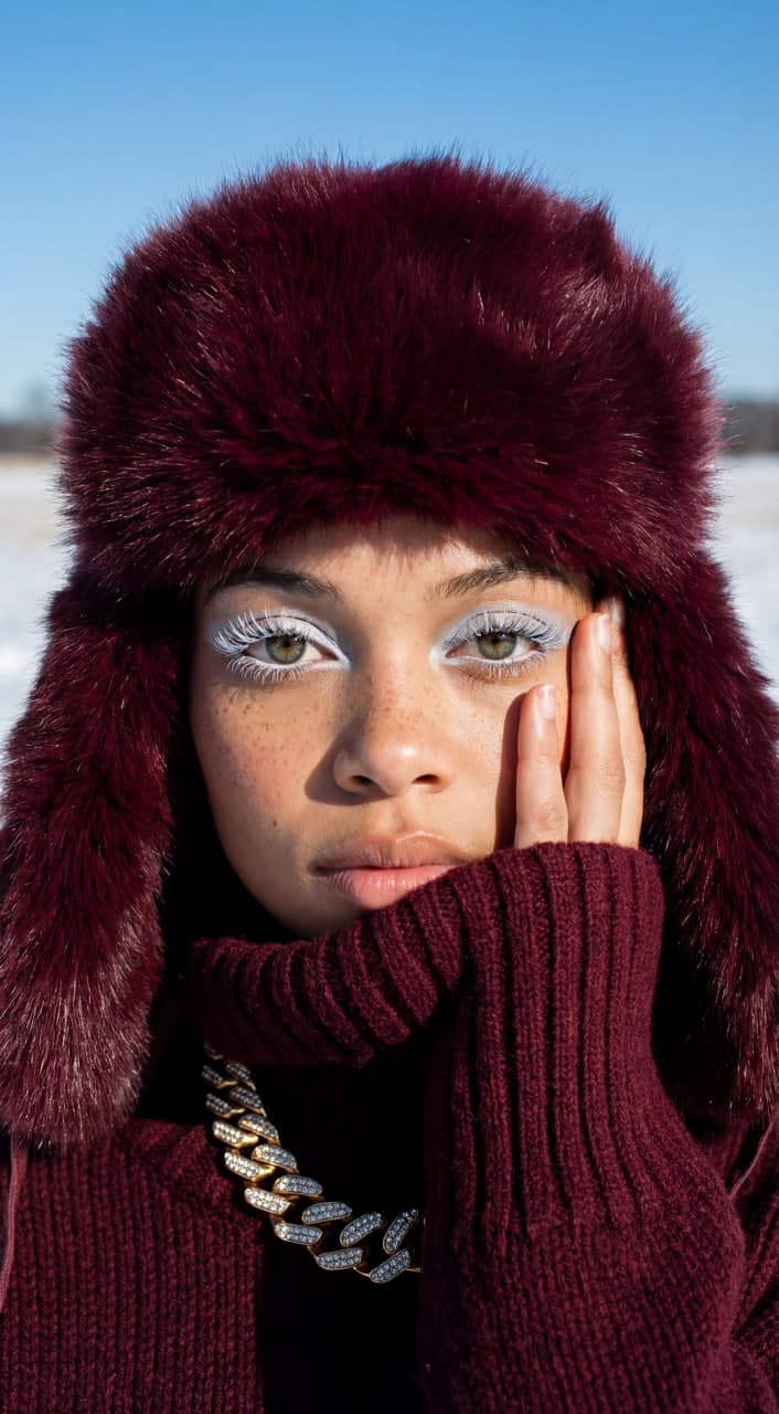 Зимний портрет крупным планом в бордовой меховой ушанке, белый макияж глаз, снег