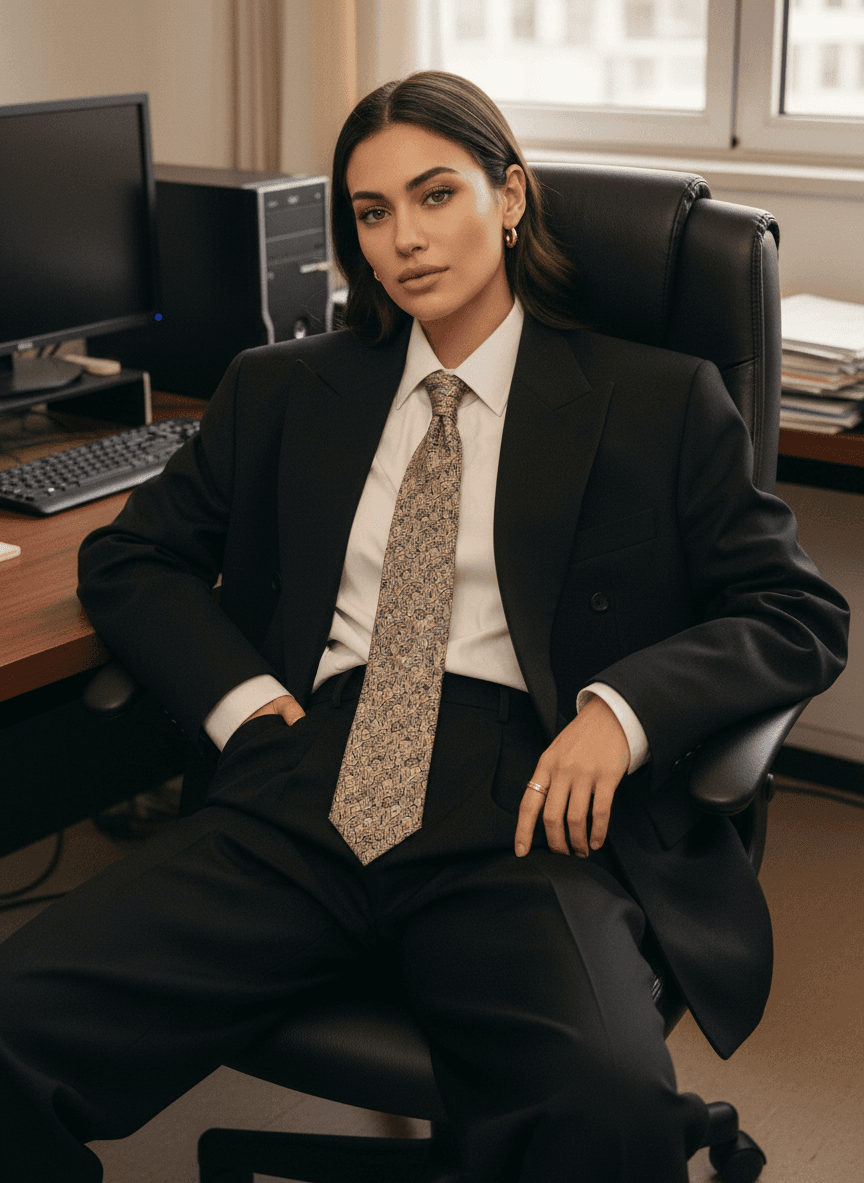 Деловая женщина в чёрном костюме с узорчатым галстуком сидит в офисе