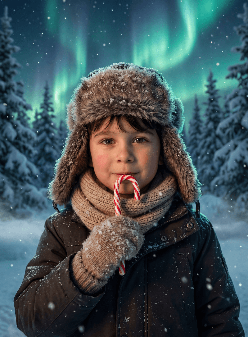 Ребёнок в меховой ушанке с леденцом на фоне северного сияния.