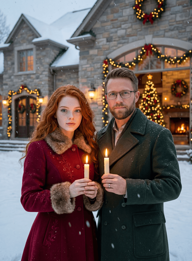 Пара с зажженными свечами у заснеженного дома, украшенного к Рождеству