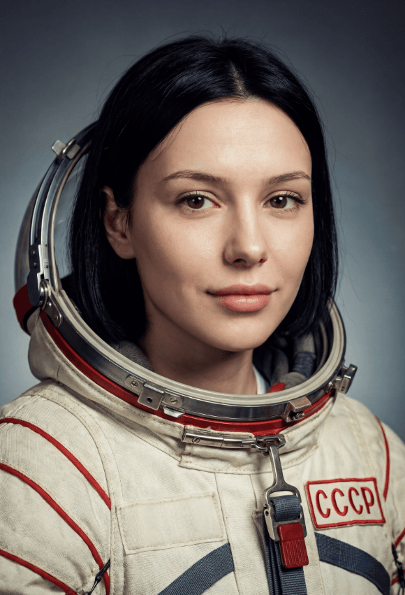 Студийный портрет женщины-космонавта в скафандре с нашивкой СССР.