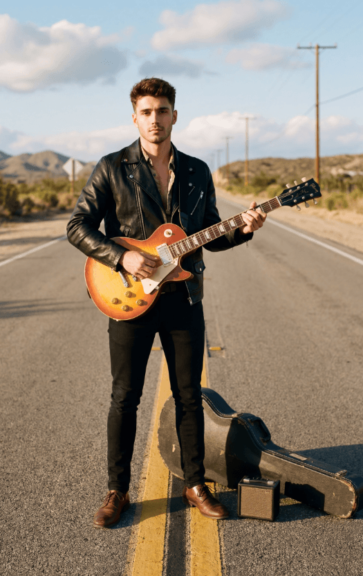 Гитарист в кожаной куртке на пустынной дороге с чехлом и усилителем