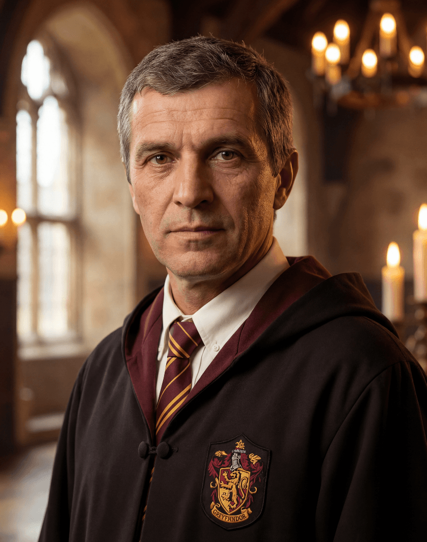 Портрет мужчины в мантии Гриффиндора в зале, освещённом свечами