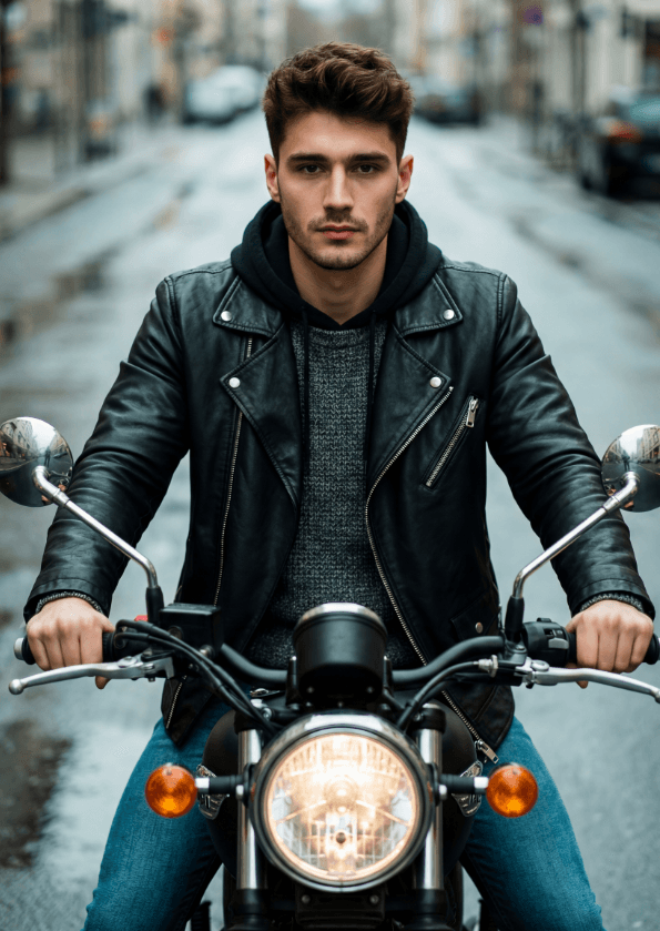Мужчина в кожаной куртке на мотоцикле на мокрой городской улице