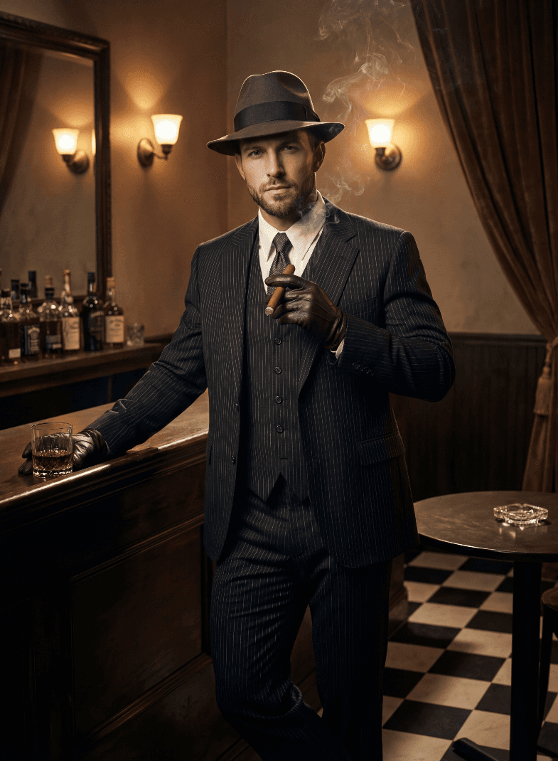 Мужчина в полосатом костюме и федоре курит сигару в баре