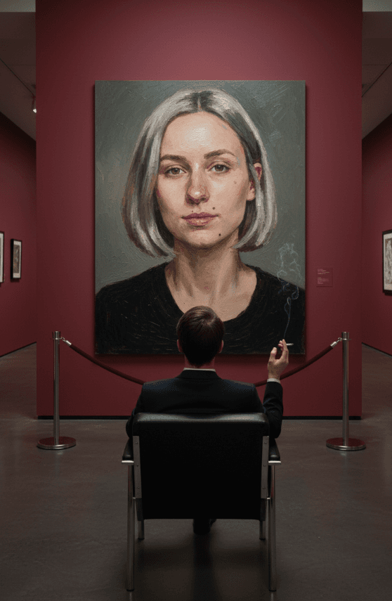 Посетитель музея сидит перед большим портретом женщины за барьерной лентой