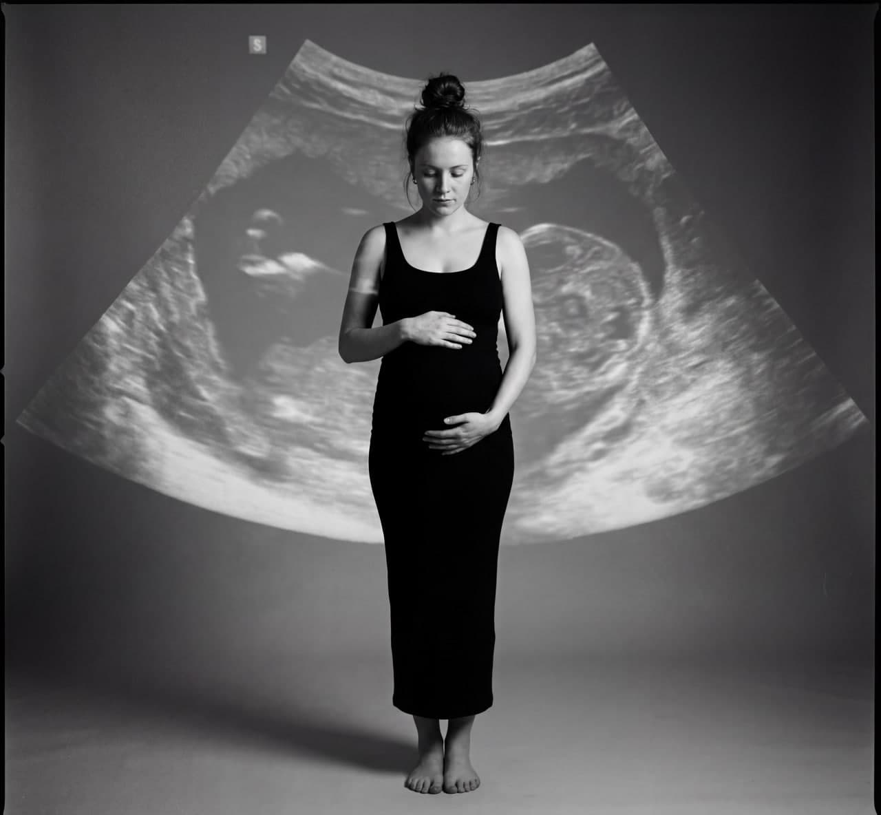 Беременная женщина в черном платье, позади проекция ультразвукового снимка.