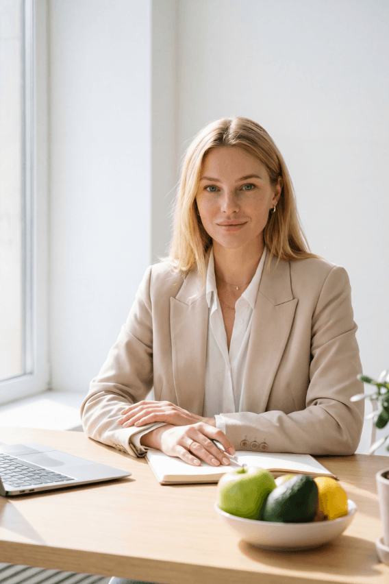 Деловая женщина за столом с ноутбуком, блокнотом и фруктами.