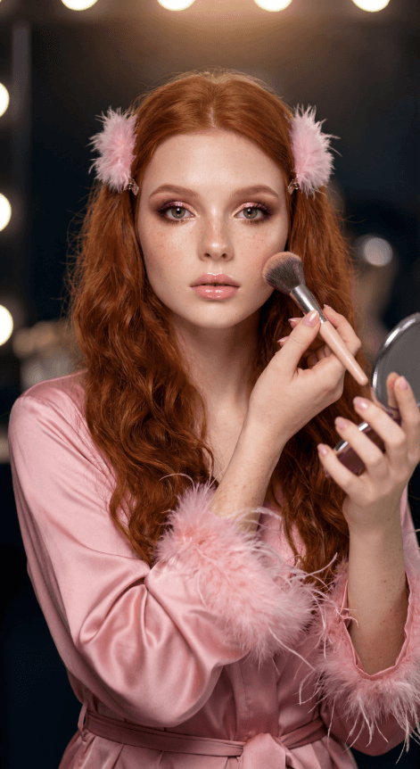 Рыжеволосая женщина в розовом халате наносит румяна кистью