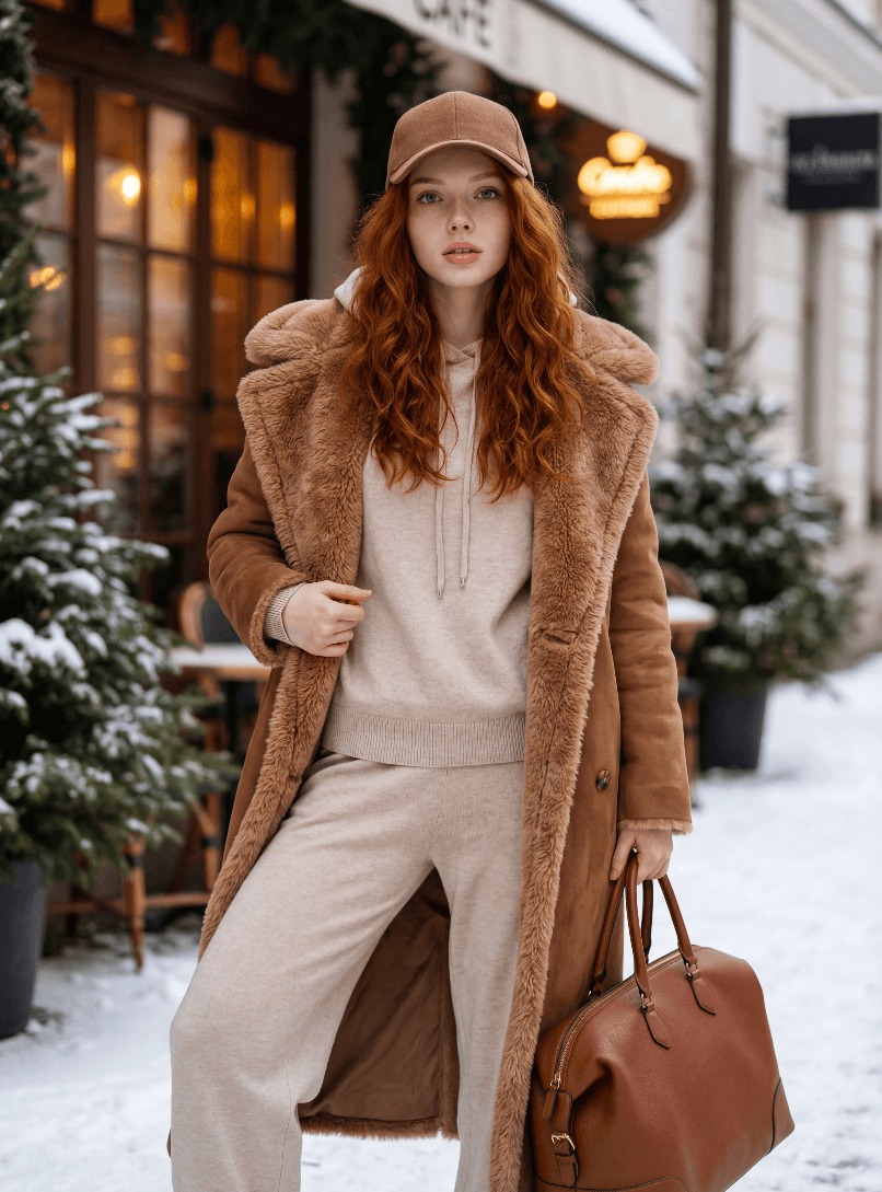 Рыжеволосая женщина в верблюжьей дубленке с кожаной сумкой на снежной улице