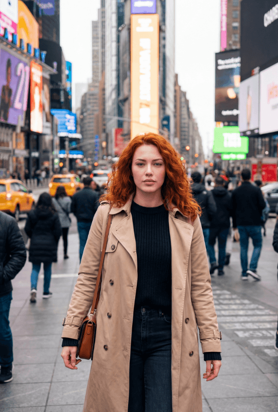 Рыжеволосая женщина в бежевом тренче стоит на Таймс-сквер, Нью-Йорк.