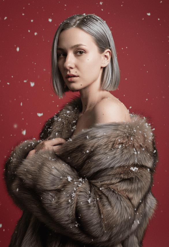 Женщина с серебристым бобом в меховой шубе под снегом на красном фоне.