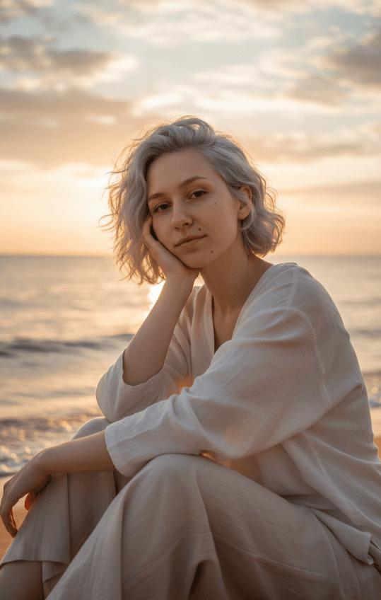 Задумчивый человек с короткими волосами сидит у моря на закате