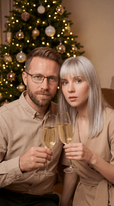 Двое человек держат бокалы шампанского у украшенной рождественской ёлки