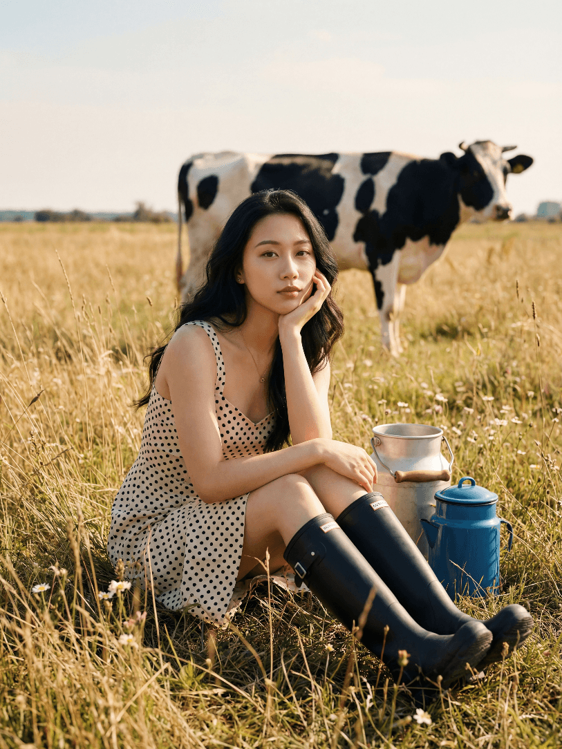 Девушка в резиновых сапогах сидит в поле, корова и молочные фляги