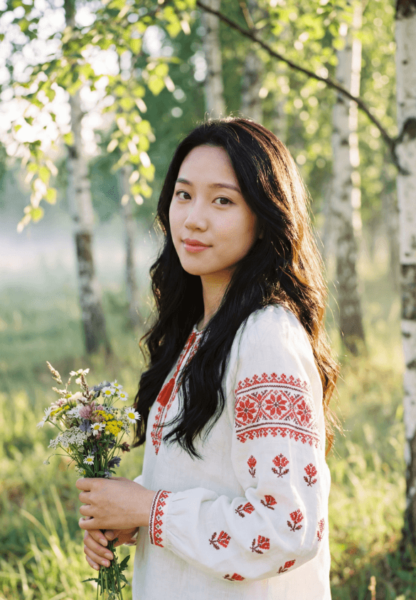 Женщина с полевыми цветами в березовом лесу, в вышитой белой блузе.
