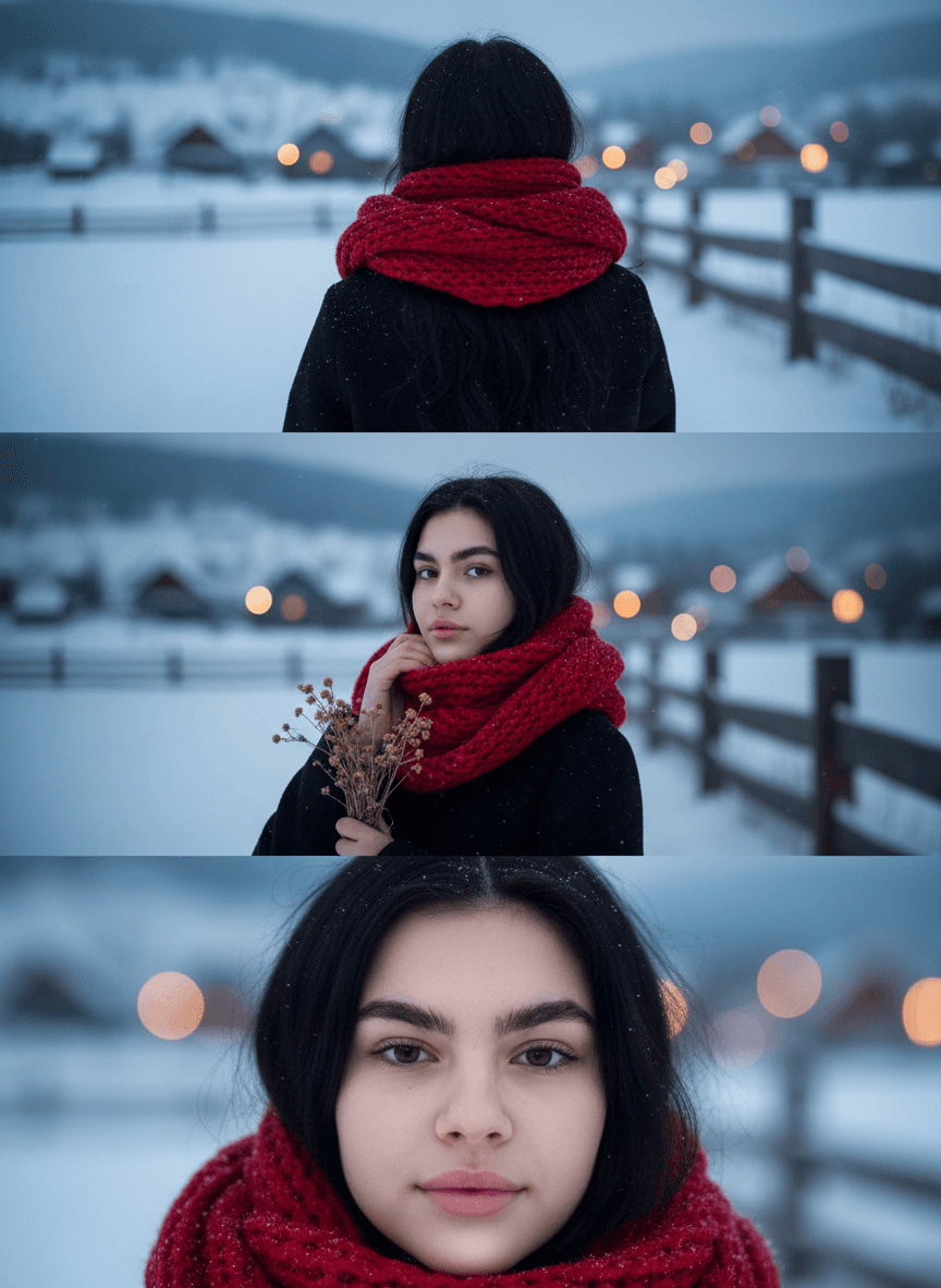 Женщина в красном шарфе в снежной деревне, зимний портрет-коллаж