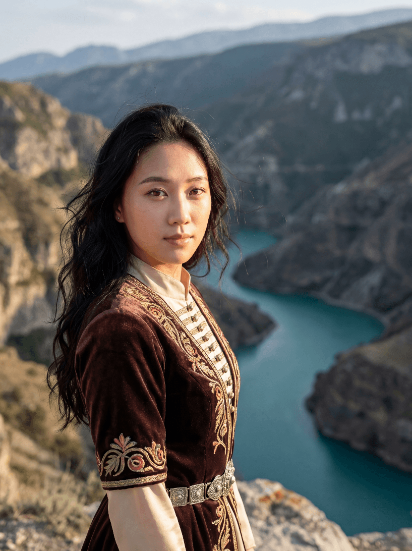Женщина в вышитом традиционном платье у бирюзового каньона