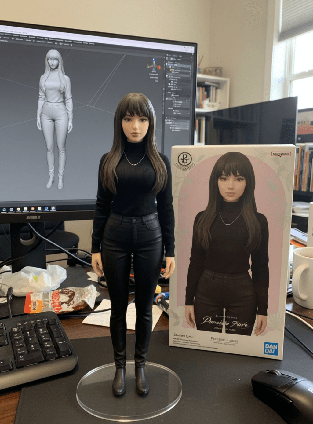 Женская фигурка Bandai на столе, коробка и 3D‑модель на мониторе