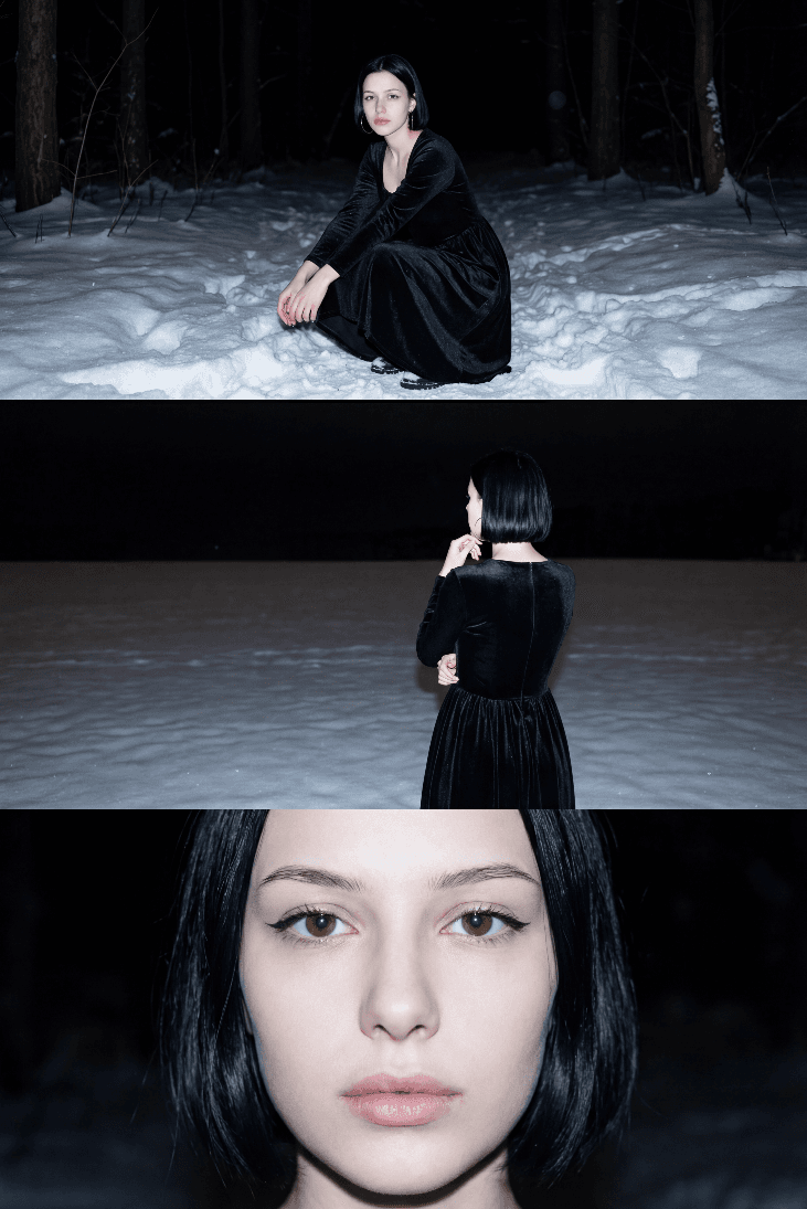 Коллаж женщины в черном платье на снежном ночном пейзаже