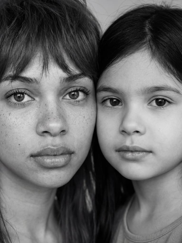 Черно-белый крупный портрет женщины с веснушками и ребёнка.