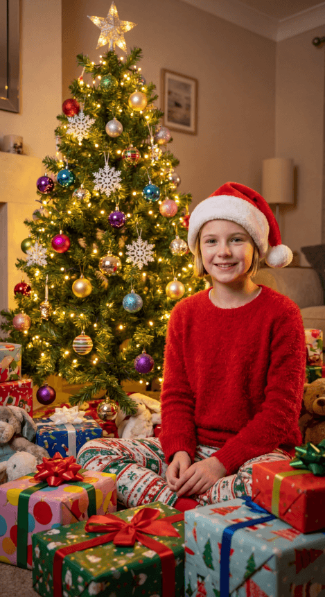 Улыбчивый ребёнок в шапке Санты у украшенной ёлки, среди подарков