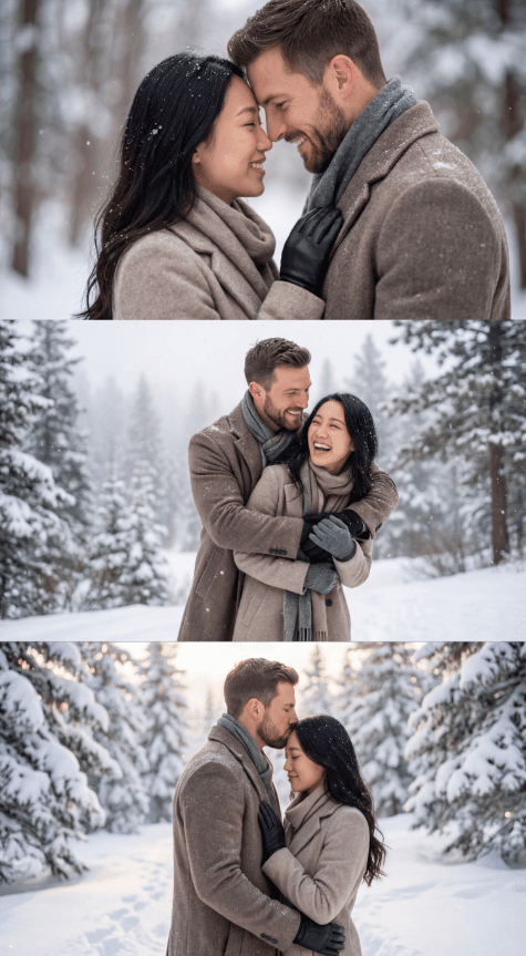 Коллаж пары, обнимающейся и смеющейся в снежном лесу.