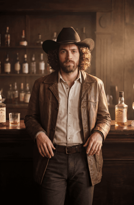 Бородатый мужчина в ковбойской шляпе и кожаной куртке у стойки виски-бара