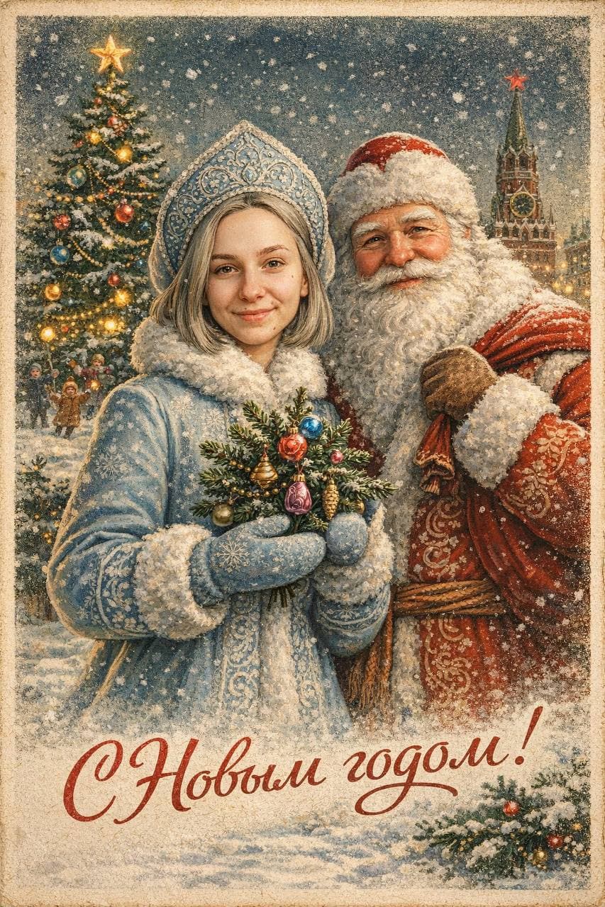 Новогодняя фотосессия с Дедом Морозом и Снегурочкой с помощью нейросети