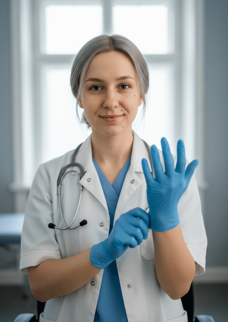 Врач в белом халате со стетоскопом надевает синие перчатки