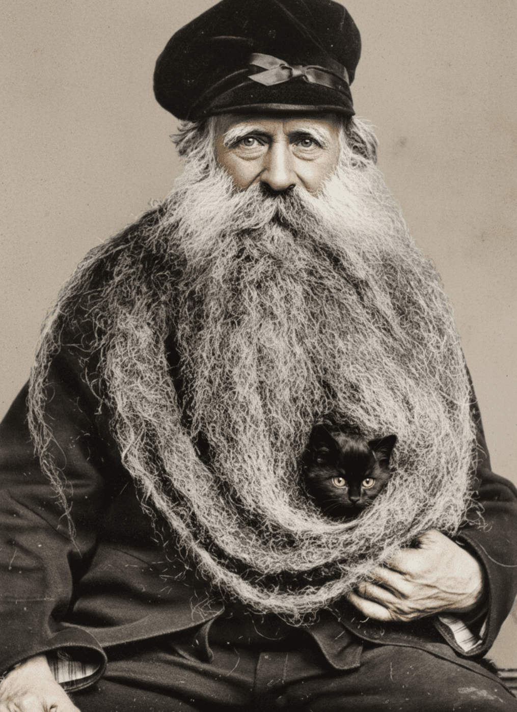 Пожилой мужчина с огромной седой бородой, черный котёнок внутри