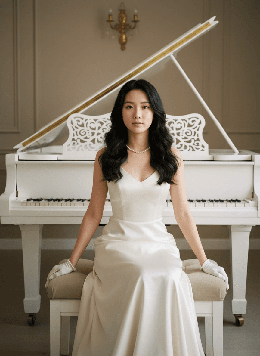 Элегантная женщина в белом платье сидит у белого рояля, в перчатках и жемчуге