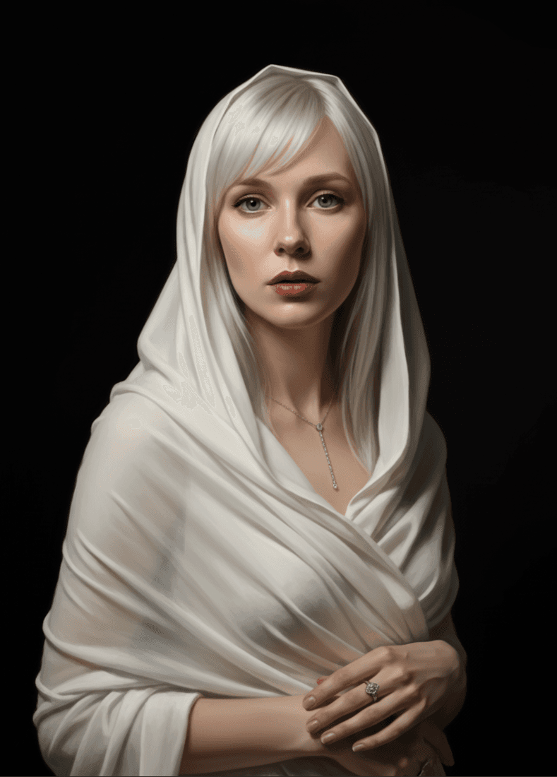 Элегантный портрет женщины в белой накидке, сложенные руки, тёмный фон