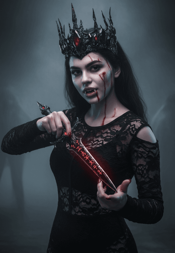 Готическая королева-вампир в короне, кровь на лице, рунический кинжал