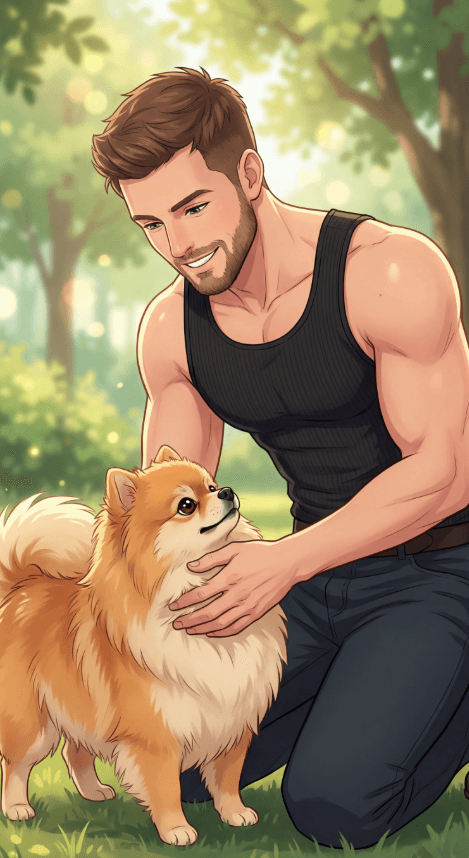 Иллюстрация улыбающегося мужчины, гладящего пушистого померанского шпица в солнечном парке