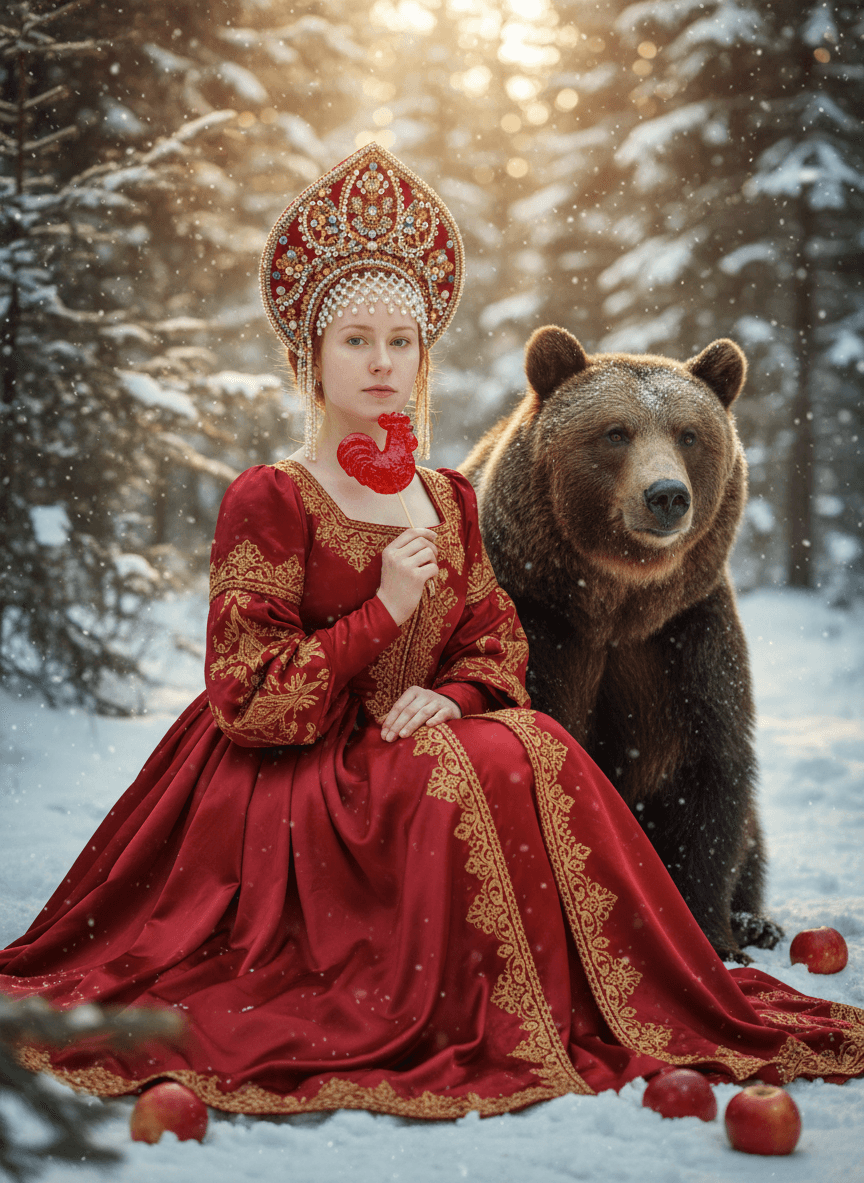 Женщина в кокошнике и красном платье рядом с бурым медведем в зимнем лесу