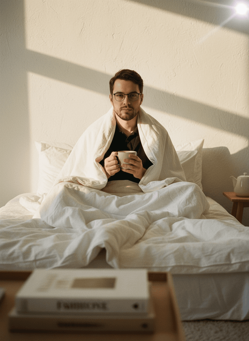 Мужчина в очках сидит в кровати, держит кружку в утреннем свете.
