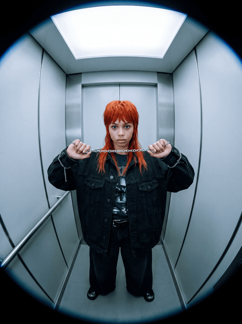 Человек с рыжим маллетом в лифте держит металлическую цепь, в черной джинсовке