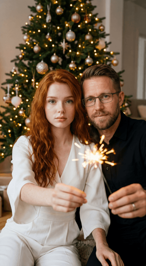 Два человека держат бенгальские огни у украшенной новогодней ёлки