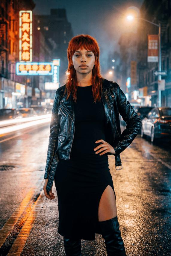 Рыжеволосый человек в кожаной куртке на неоновой мокрой ночной улице