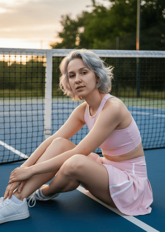 Девушка в розовом теннисном комплекте сидит у сетки на закате.