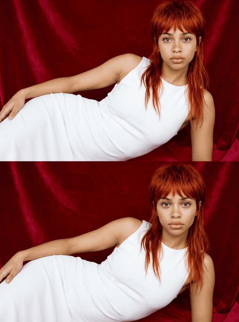 Диптих с рыжеволосым человеком в белом платье на красном бархате.