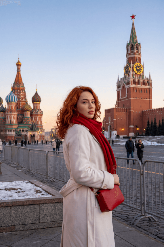 Рыжеволосая женщина на Красной площади, собор Василия Блаженного и Спасская башня.