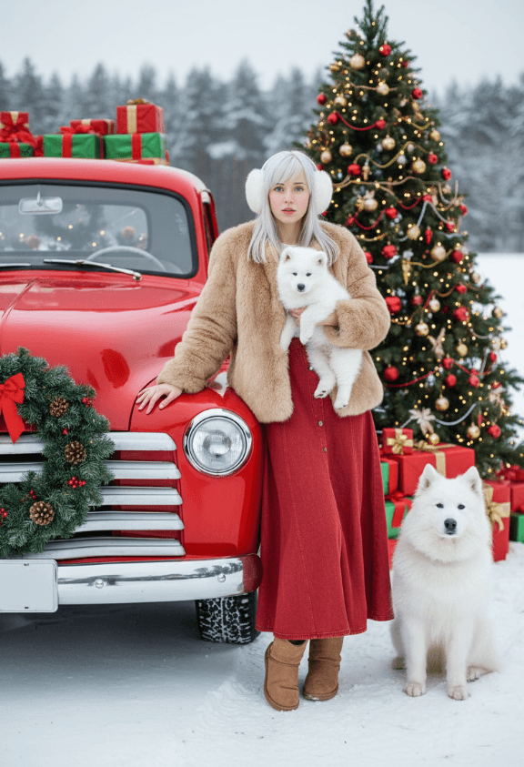 Женщина с белыми собаками у красного ретро‑пикапа и рождественской елки