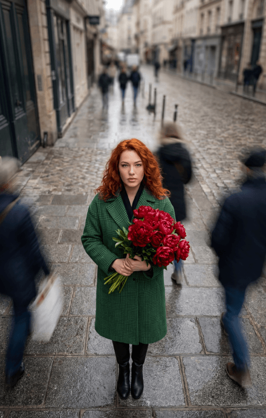 Рыжеволосая женщина в зелёном пальто с красным букетом на мостовой с прохожими