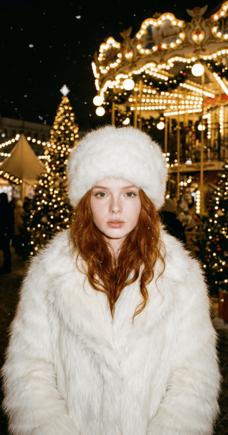 Рыжеволосая женщина в белой шубе у карусели на рождественском рынке
