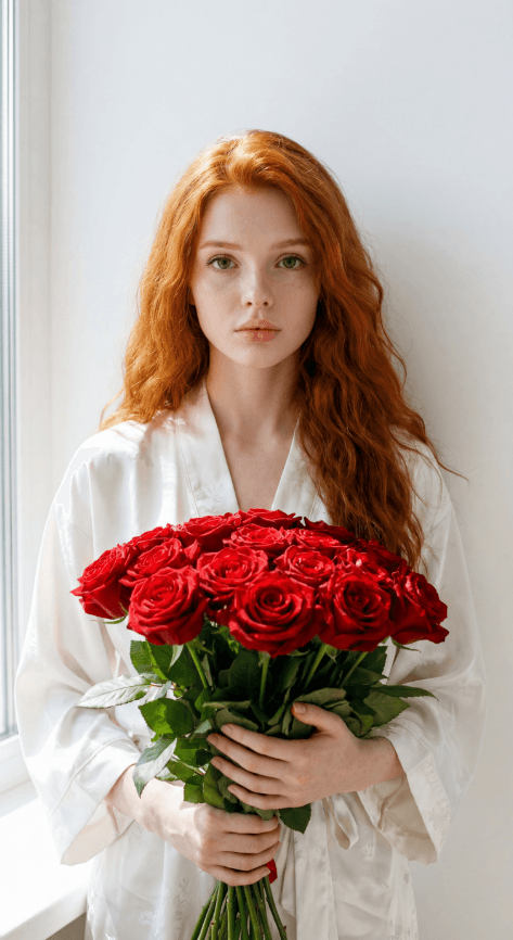 Рыжеволосая женщина в белом халате держит букет красных роз у окна